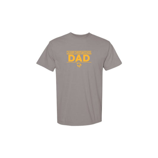 grey comfort colors tee with gold calvary christian school dad printed design on the center chest