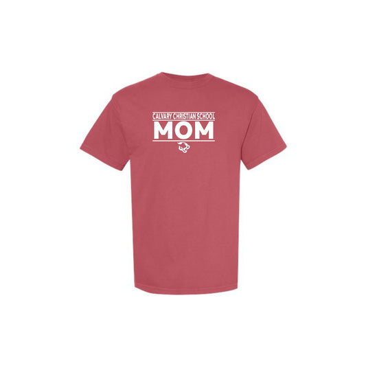 crimson comfort colors tee with a calvary christian mom printed design in white ink