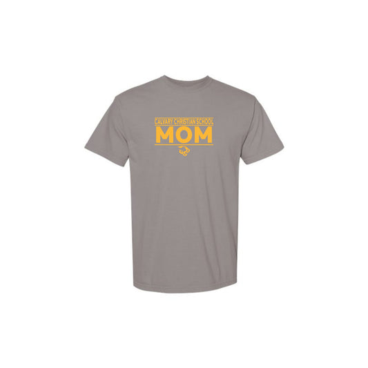 grey comfort colors tee with a calvary christian mom printed design in gold ink