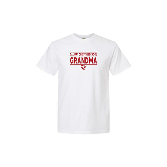 white comfort colors t-shirt with a calvary christian grandma printed design in red ink