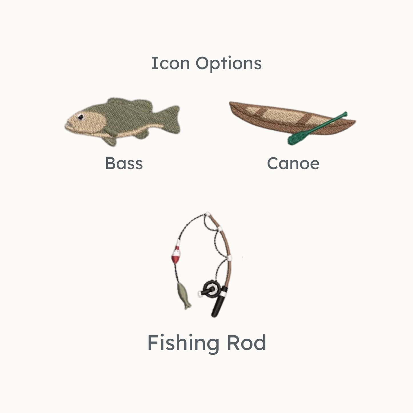 embroidered icon options: bass, canoe, fishing rod