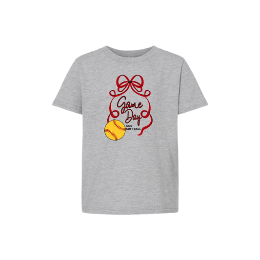 Gray t-shirt with a red bow and yellow softball design on a white background