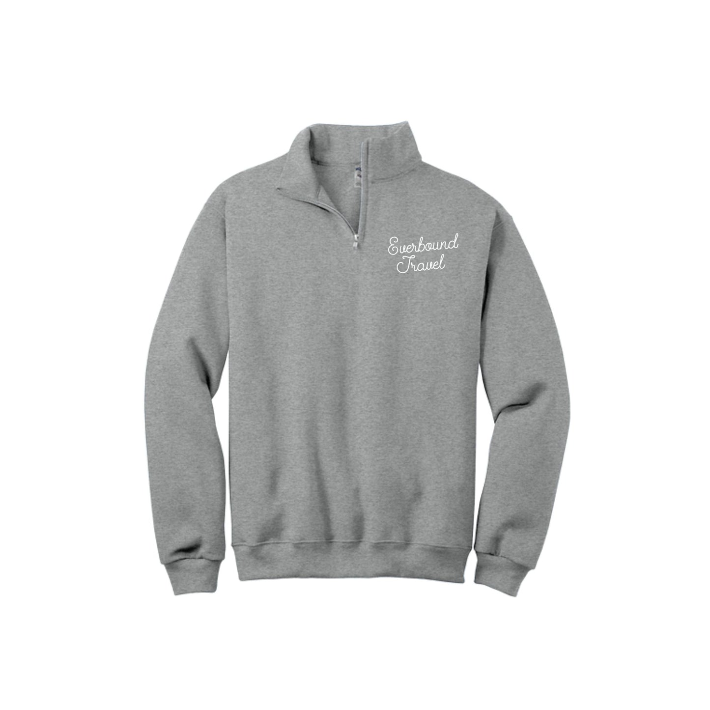 Gray sweatshirt with 'Everbound Travel' logo on a white background