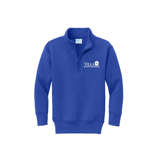 A royal blue quarter-zip sweatshirt with a white embroidered logo on the left chest reading 'VILLA MADONNA MONTESSORI' on a plain white background.