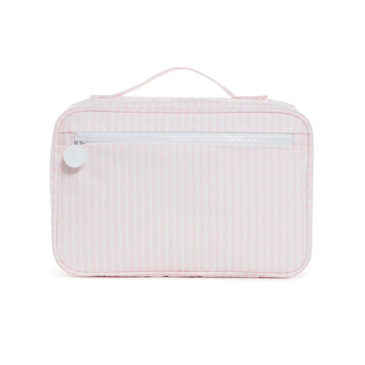 Pink striped toiletry bag on a white background