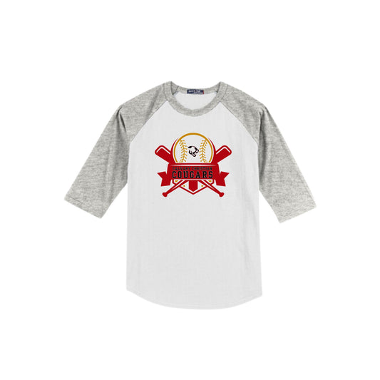 Baseball-themed t-shirt with logo and text on a white background