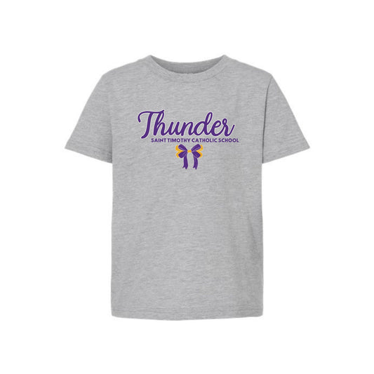Gray t-shirt with 'Thunder Saint Timothy Catholic School' text and logo on a white background