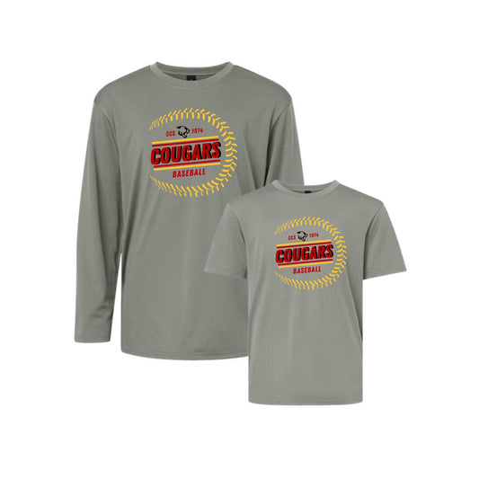 Gray t-shirt and long-sleeve shirt with 'Cougars Baseball' design on a white background