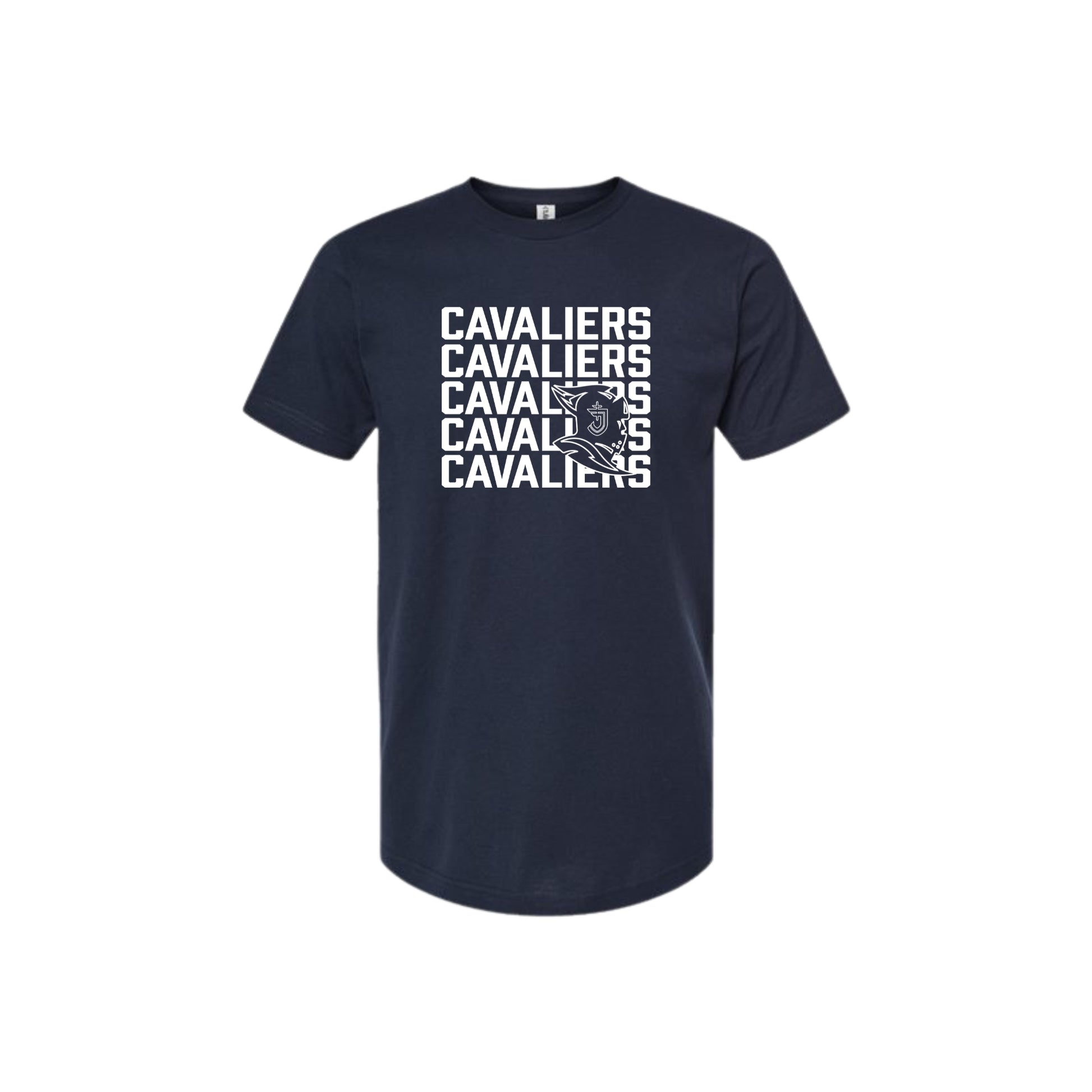 Navy blue t-shirt with 'CAVALIERS' printed in white multiple times on a white background