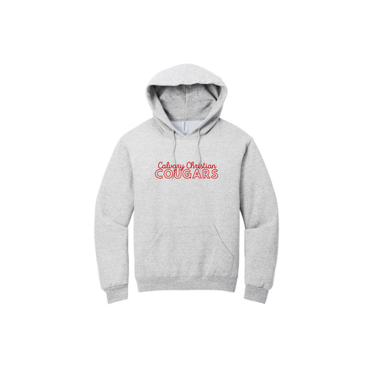ash hooded sweatshirt with a mixed text  calvary christian cougars printed design in red ink