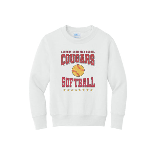 White sweatshirt with 'Calvary Christian School Cougars Softball' text and softball graphic on a white background