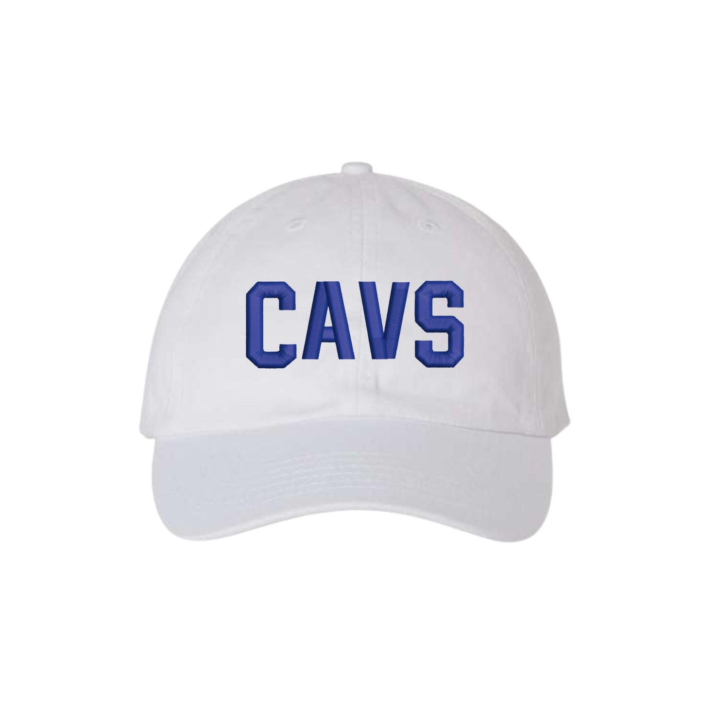 White cap with 'CAVS' in blue on a white background