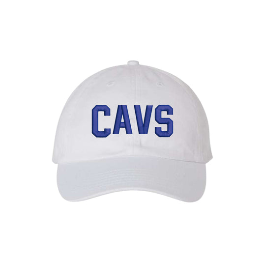 White cap with 'CAVS' in blue on a white background