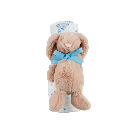 Plush toy rabbit wearing a blue outfit with a white background