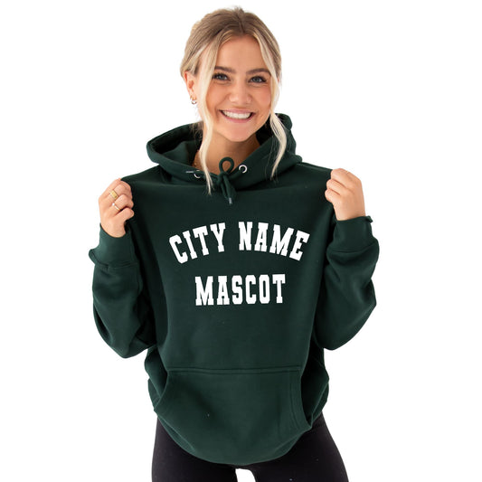Person wearing a green hoodie with 'CITY NAME MASCOT' text on a white background