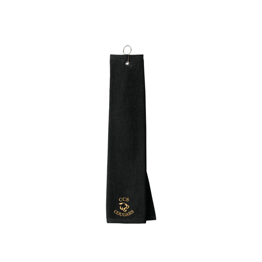 black tri-fold golf towel with grommet and custom ccs cougars icon embroidered design along the center middle edge in gold thread.