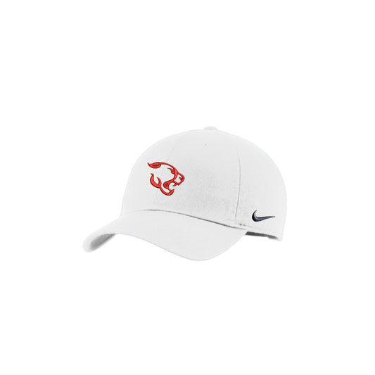 white nike hat with custom cougar head logo embroidered design in red on the front