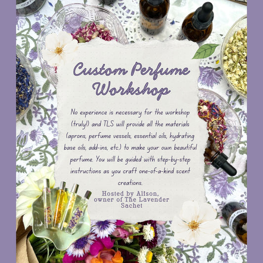 Advertisement for a custom perfume workshop with essential oils and flowers on a table.