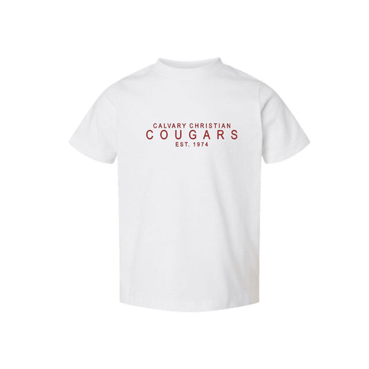 white toddler t-shirt with embroidered calvary christian cougars design in red thread