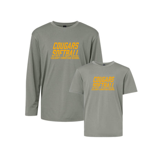 Gray t-shirt and long-sleeve shirt with 'Cougars Softball' text on a white background