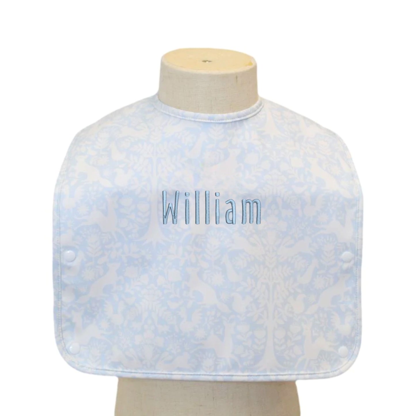 woodland blue baby bib with name embroidery