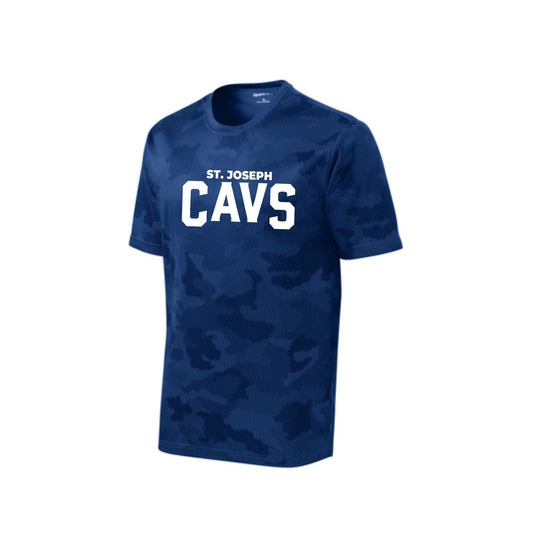 youth royal blue camohex tee with st. joseph cavs print in white