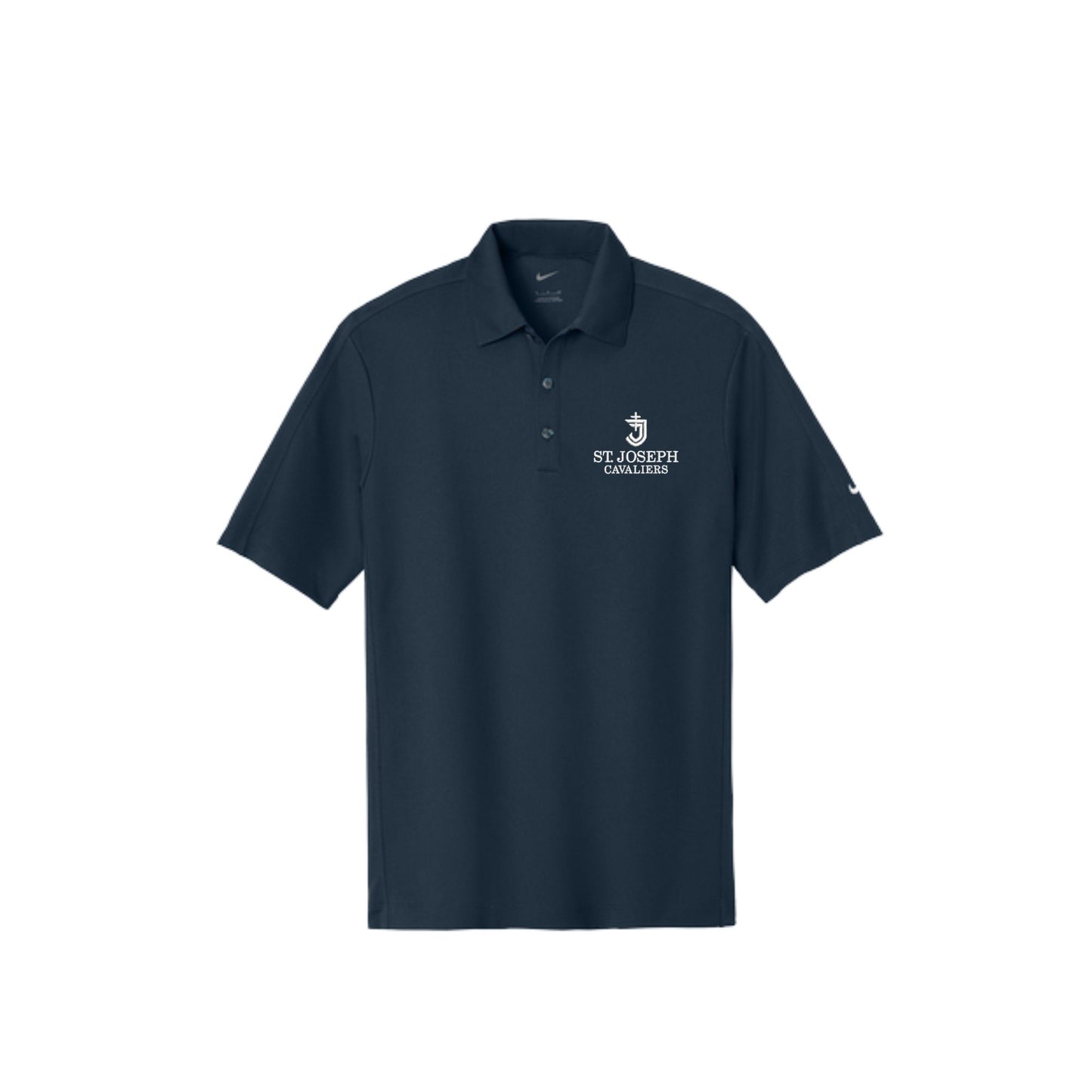 Navy blue polo shirt with sjs logo embroidered on a white background