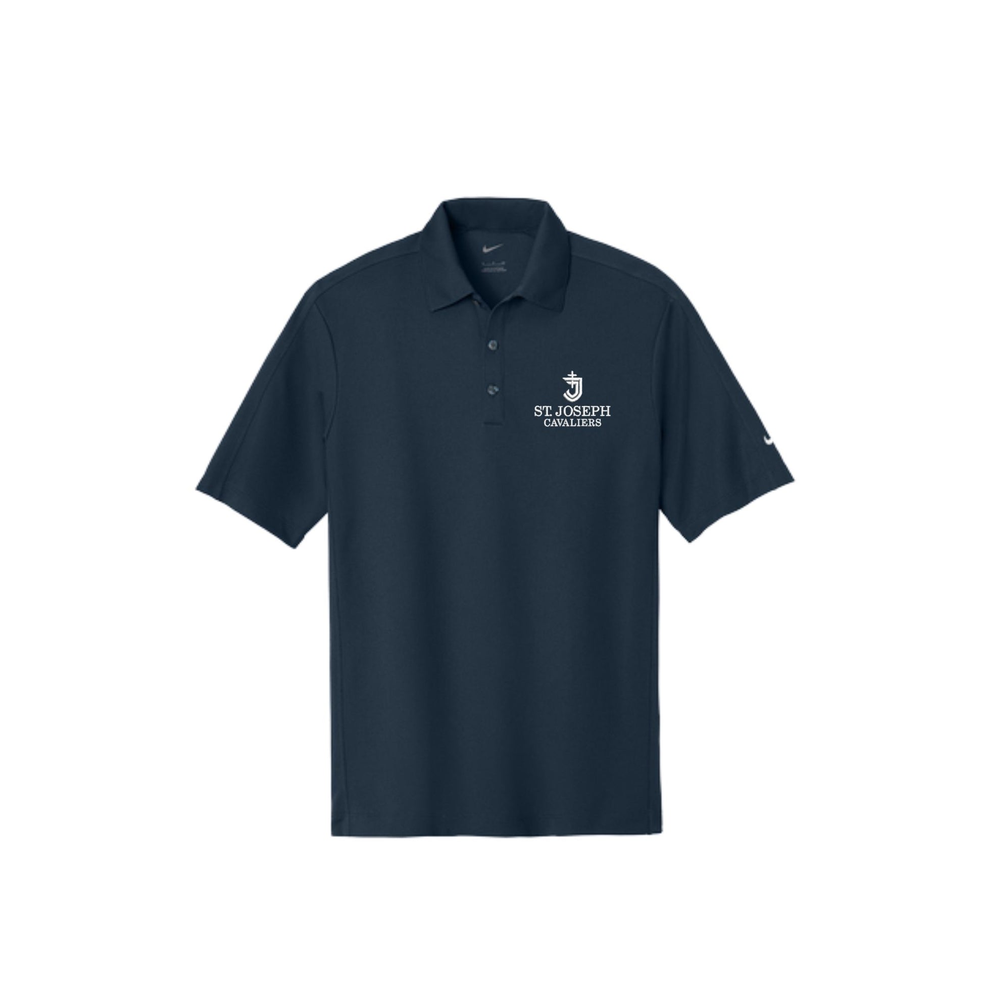 Navy blue polo shirt with sjs logo embroidered on a white background