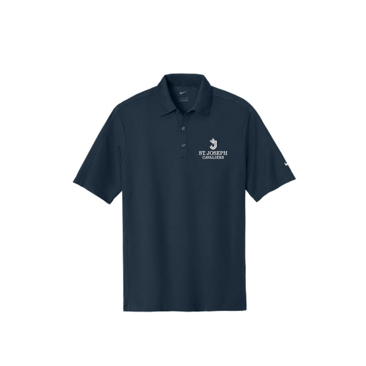 Navy blue polo shirt with sjs logo embroidered on a white background