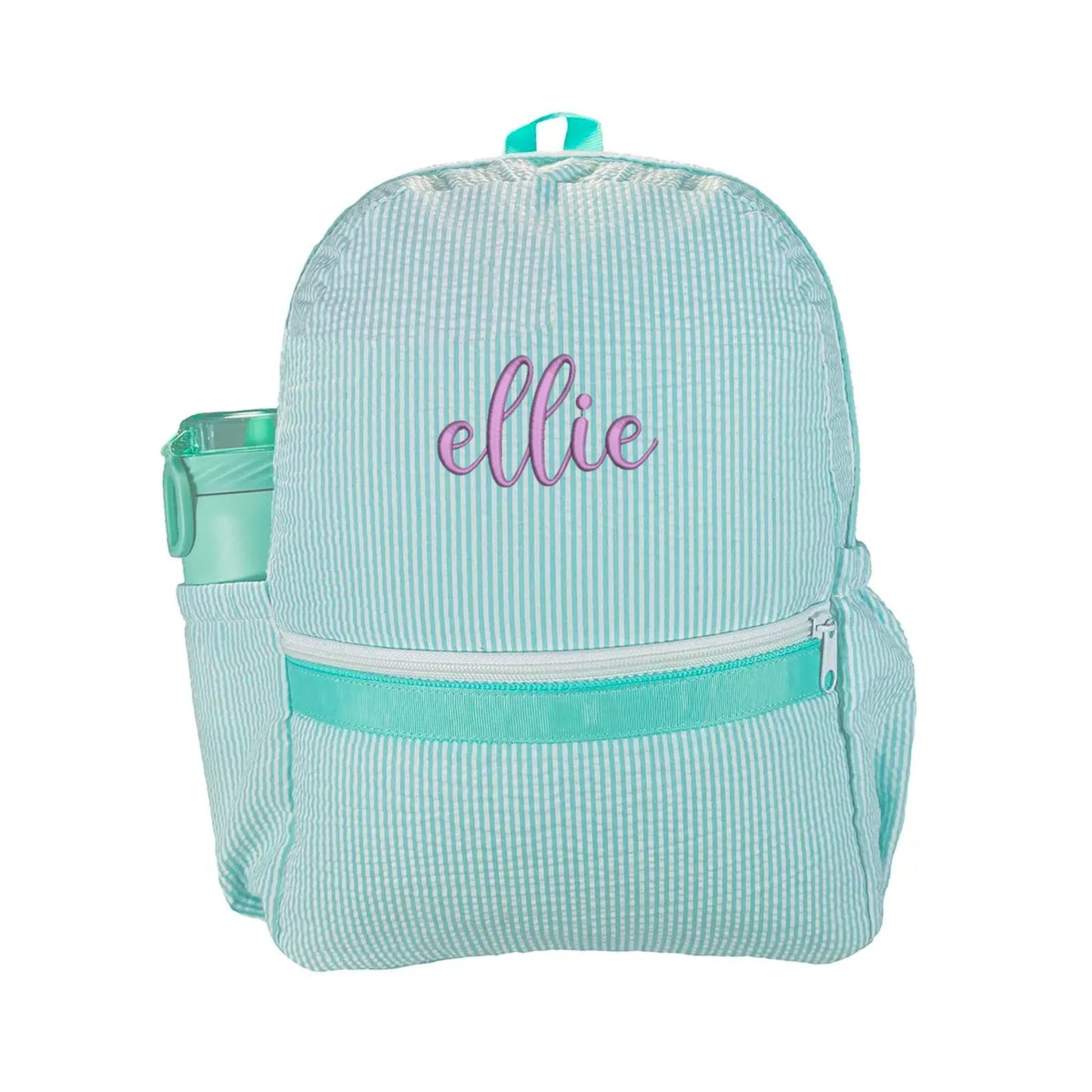 mint and white seersucker kids backpack with front zippered pocket and side water bottle pocket