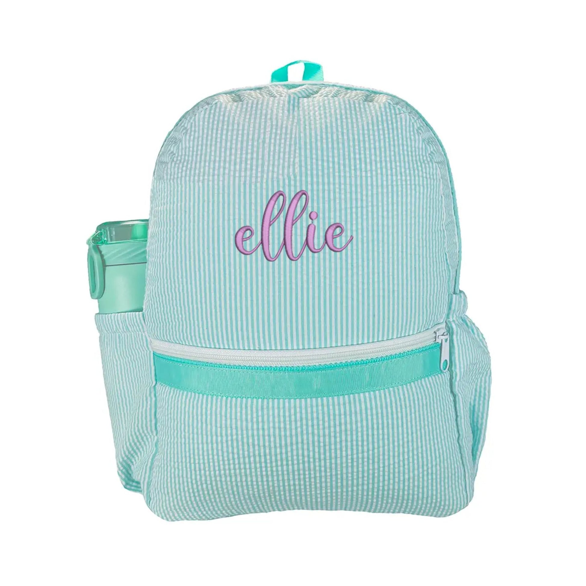 mint and white seersucker kids backpack with front zippered pocket and side water bottle pocket