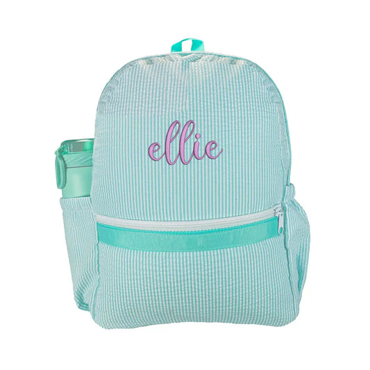 mint and white seersucker kids backpack with front zippered pocket and side water bottle pocket