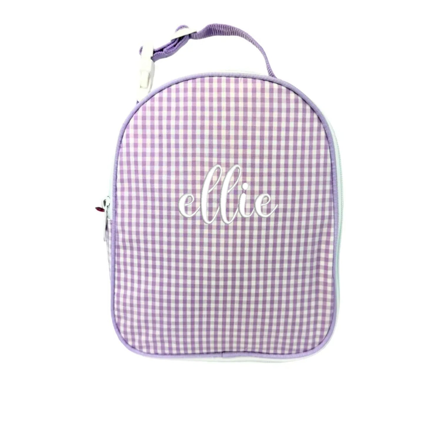 lilac gingham lunch bag with custom name embroidery