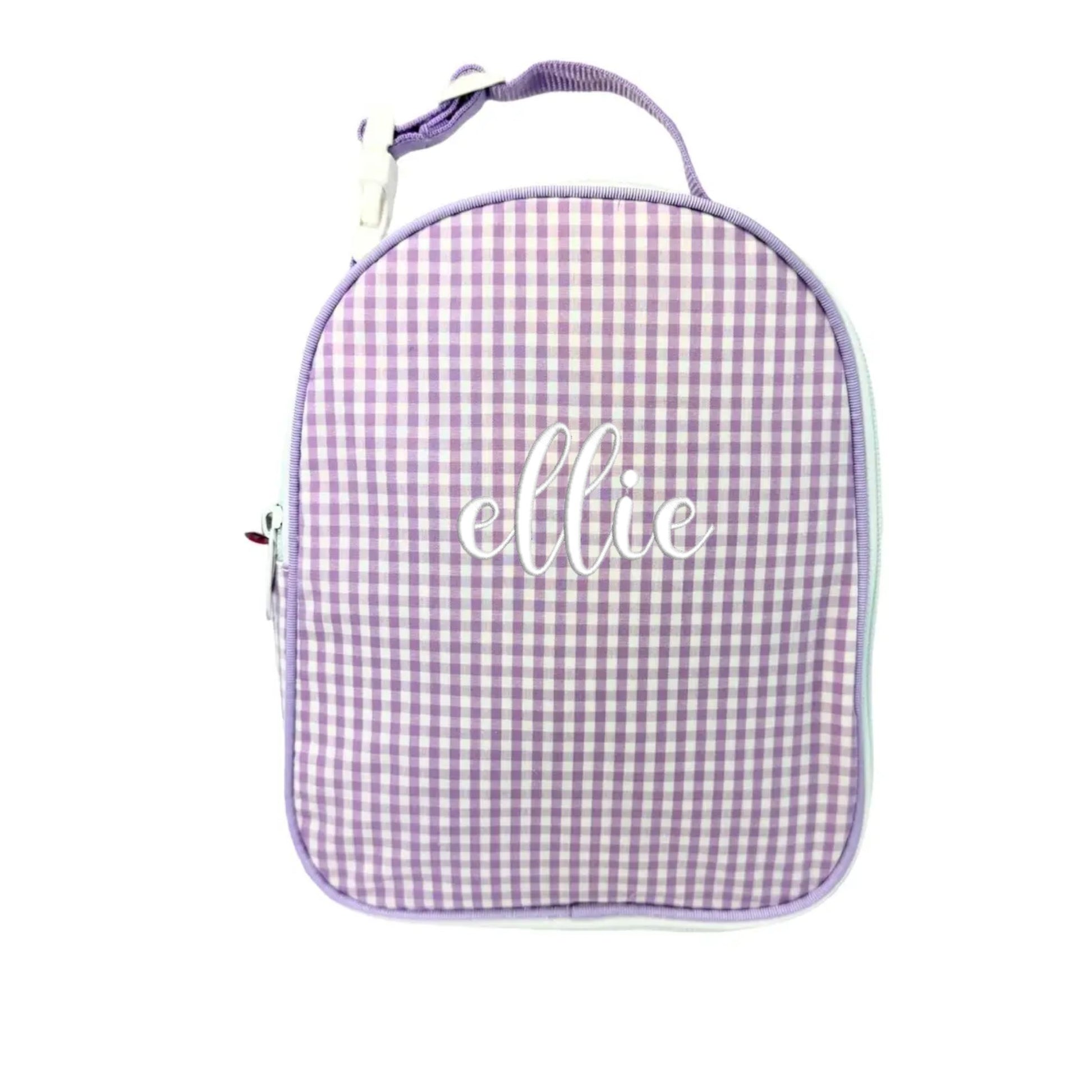 lilac gingham lunch bag with custom name embroidery