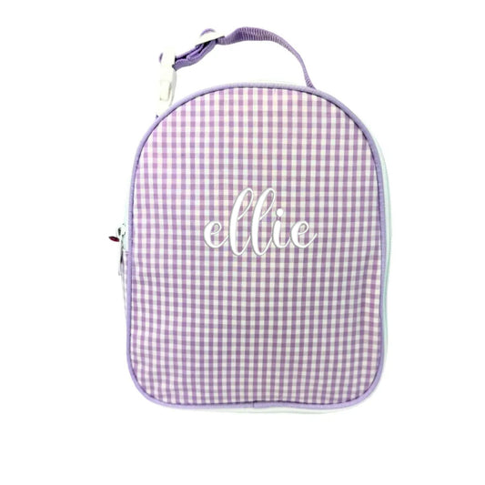 lilac gingham lunch bag with custom name embroidery