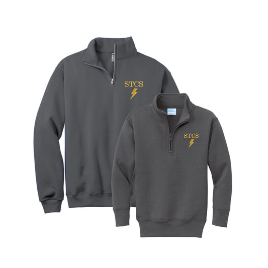 Gray pullover with 'STCS' logo on a white background