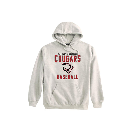 vintage heather hoodie with 'Calvary Christian Cougars Baseball' text and logo on a white background