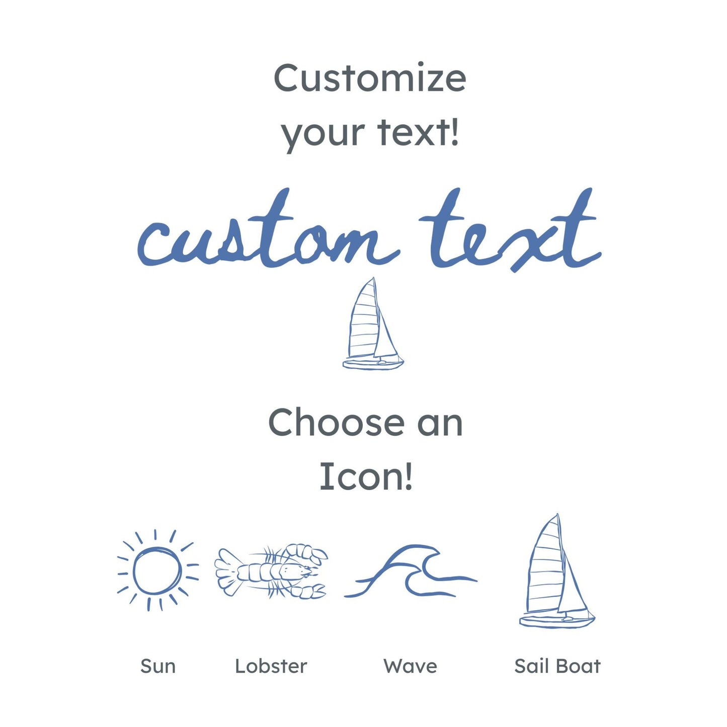 custom text and summer icon options: sun, lobster, waves, and sailboat