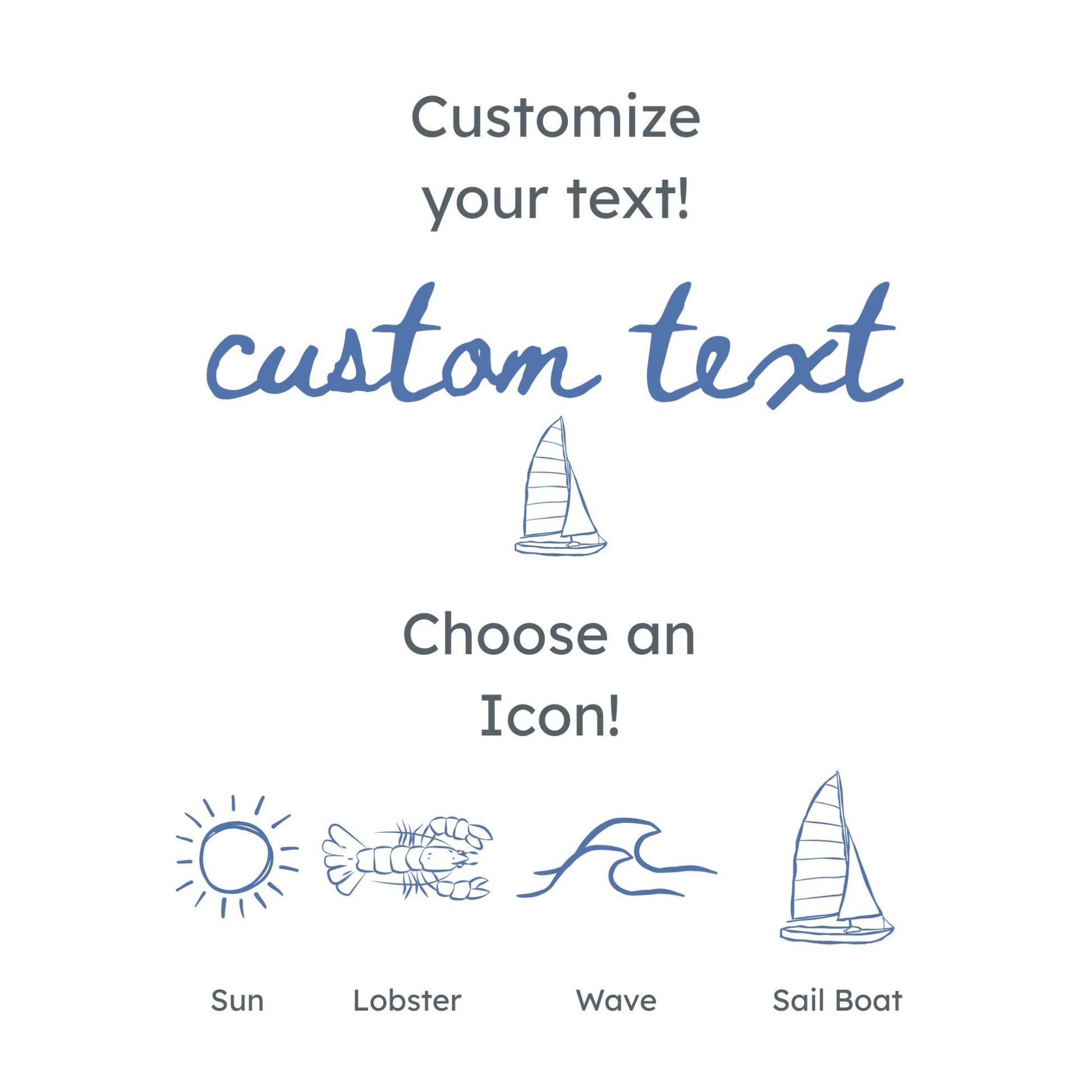 custom text and summer icon options: sun, lobster, waves, and sailboat