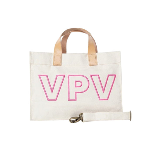 White tote bag with 'VPV' in pink on a white background