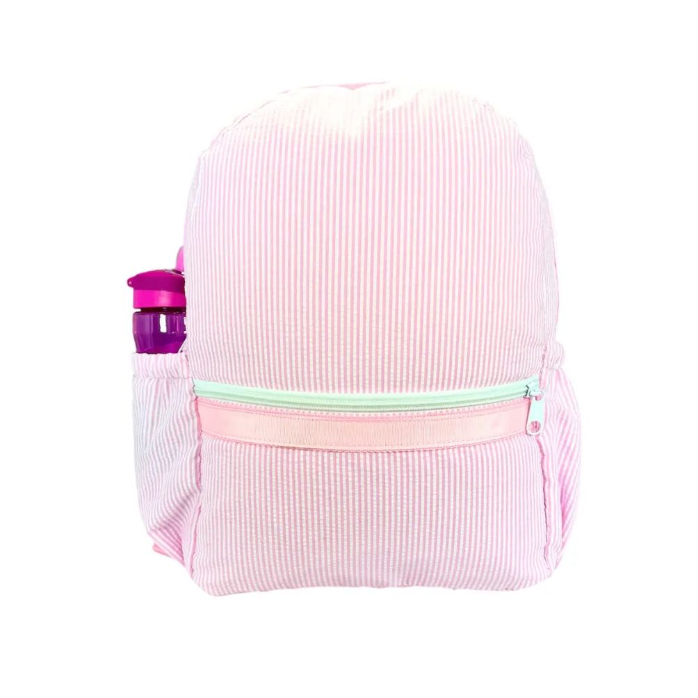 pink and white seersucker kids backpack with front zippered pocket and side water bottle pocket