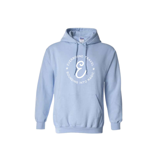 Light blue hoodie with a logo and text on a white background