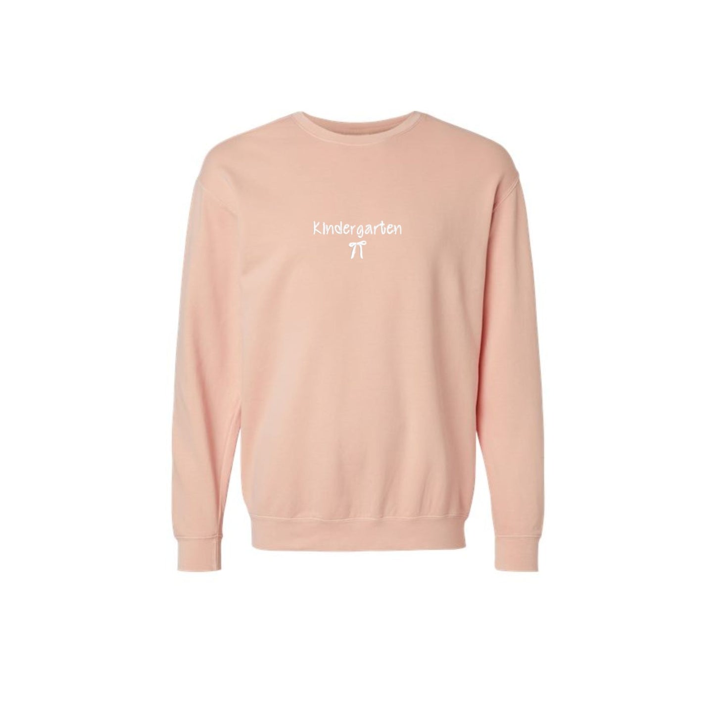 peachy comfort colors pullover with custom kindergarten and small bow embroidered design on the center chest in white thread.