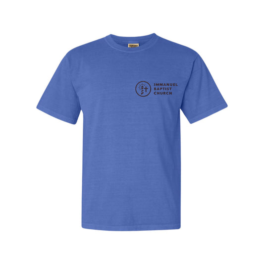 lo blue tee with embroidered immanuel baptist church logo