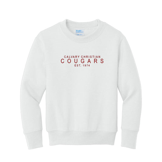 white crewneck sweatshirt with embroidered calvary christian cougars est 1974