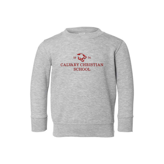 heather toddler crewneck sweatshirt with embroiere Calvary Christian design across the chest