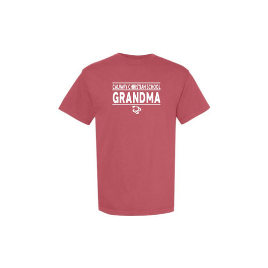 red comfort colors t-shirt with a calvary christian grandma printed design in white ink