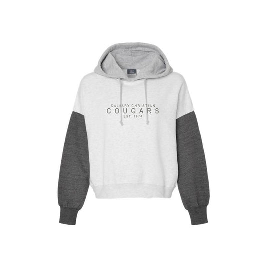 cropped color block hooded sweatshirt with custom Calvary Christian cougars embroidered design across the chest in dark grey thread