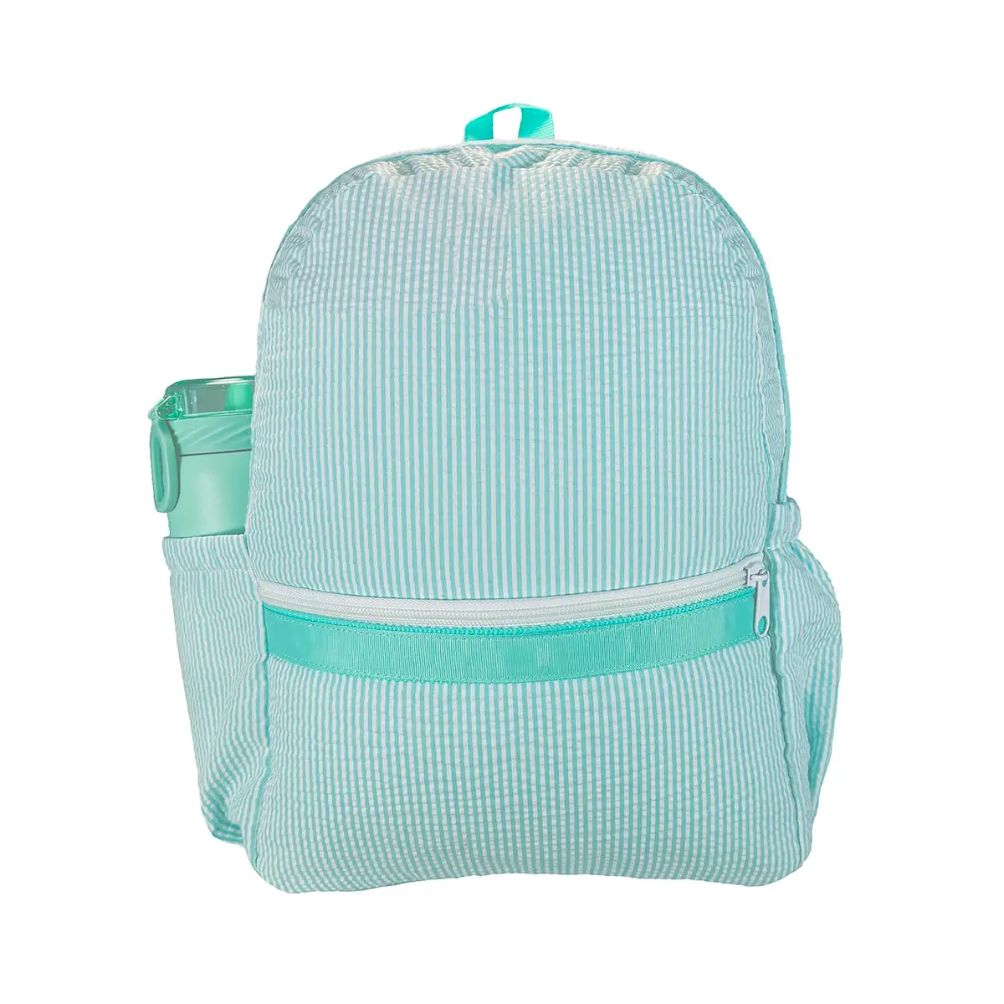 mint and white seersucker kids backpack with front zippered pocket and side water bottle pocket