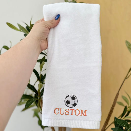 white gym towel with custom name embroidery and soccer icon